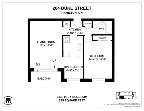 Floor plan for 1 bed, 1 bath, 743 sqft
